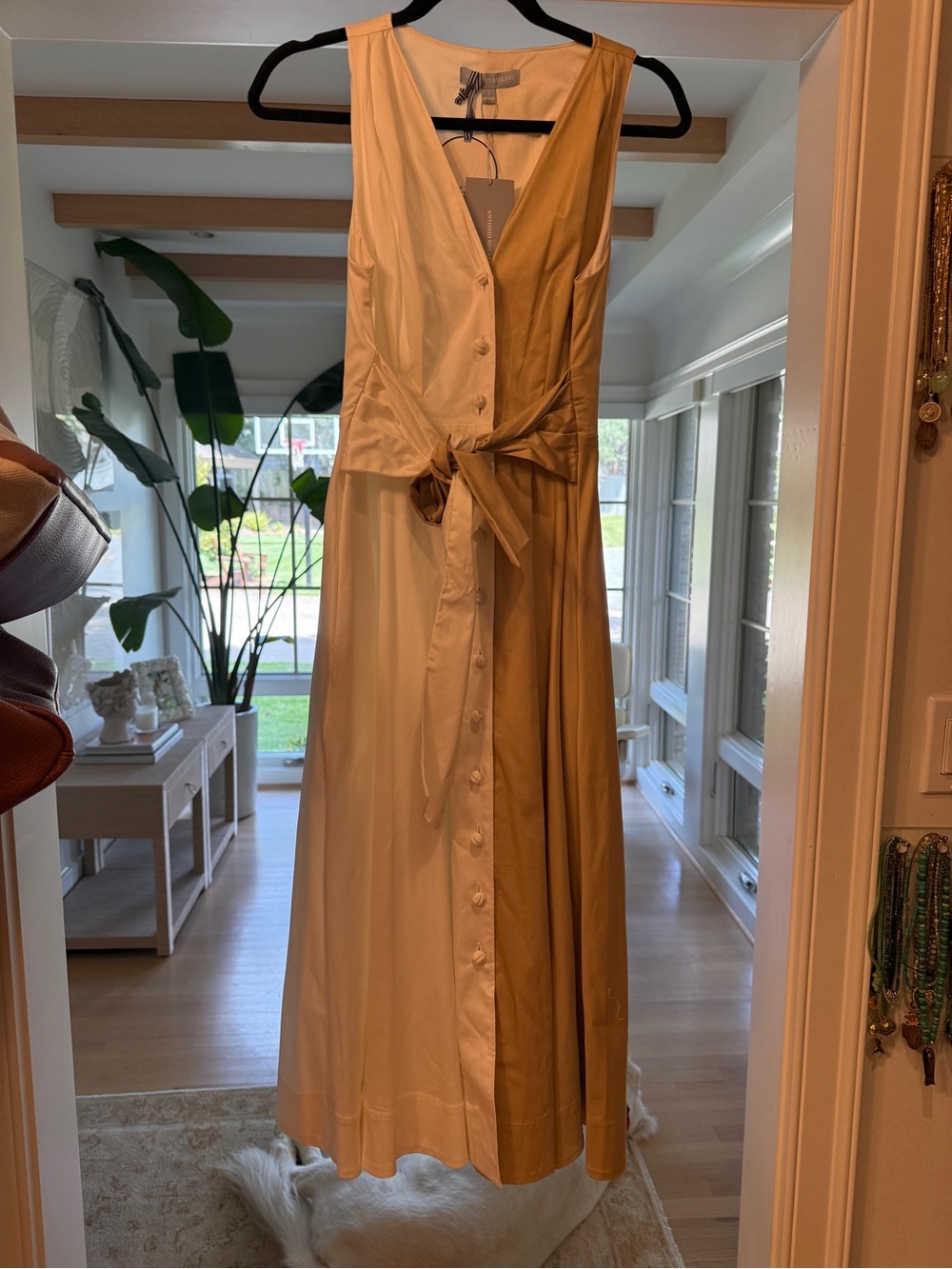 ANTONIO MELANI Cream Sleeveless Button-Front Tie Midi Dress